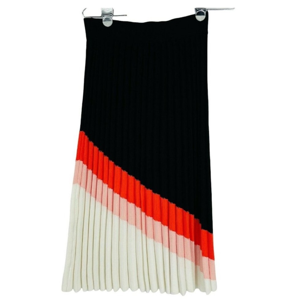 529 Skirt Pleated Ribbed Colorblock Black Small Women Elastic Waist A-Line NEW